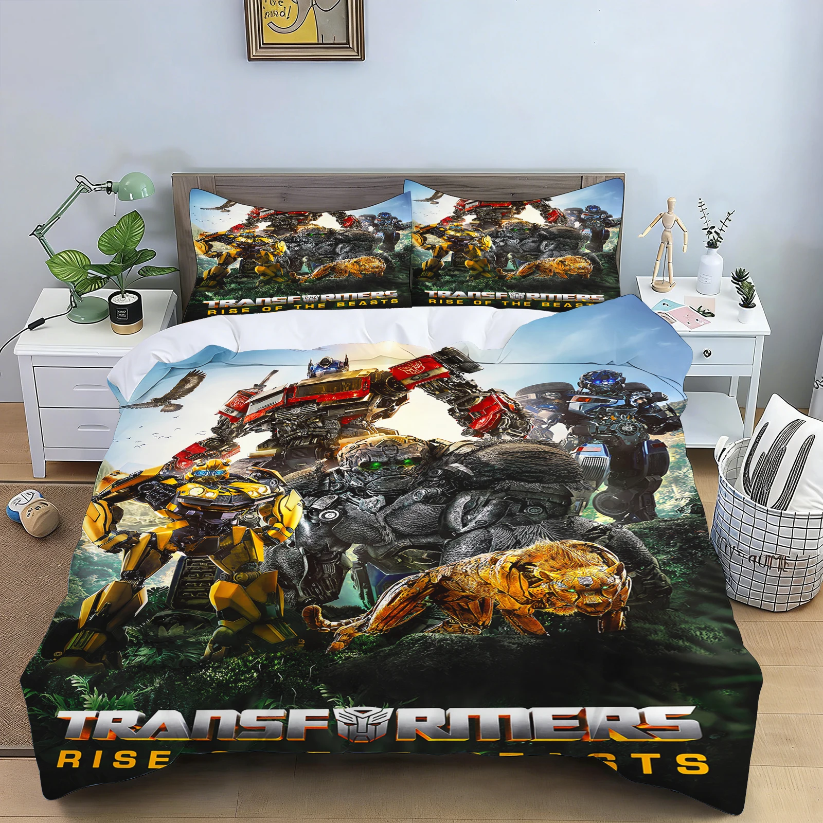 Cartoon Transformers Bedding Set 3 Pieces 3D Printed Duvet Cover & Pillowcases, Soft Microfiber Robot Quilt Cover for Children
