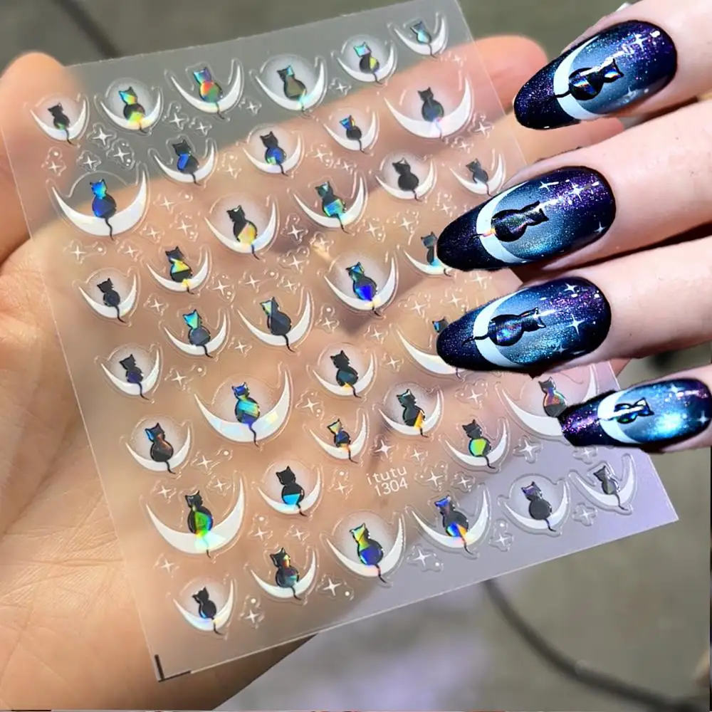1 Stücke 5D Französisch Mondlicht Katze Schatten Nail art Aufkleber Aurora Mond Linien Kätzchen Nägel Abziehbilder Klebstoff Stern-Mond Maniküre Sliders 1
