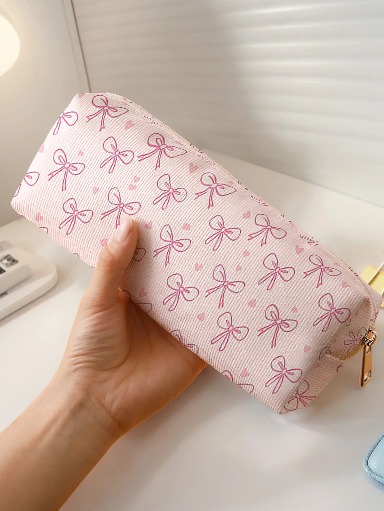 Cute Pink Bow Small Heart Print Zipper Pencil Bag Girls Student Stationery Pouch Portable Cosmetic Storage Case