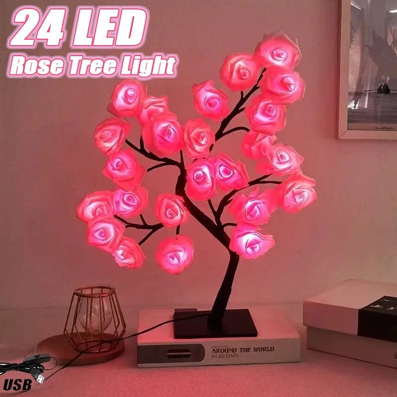 24 LED Rose Tree Lights USB Plug Table Lamp Fairy Flower Night Light For Home Party Christmas Wedding Bedroom Decoration Gift