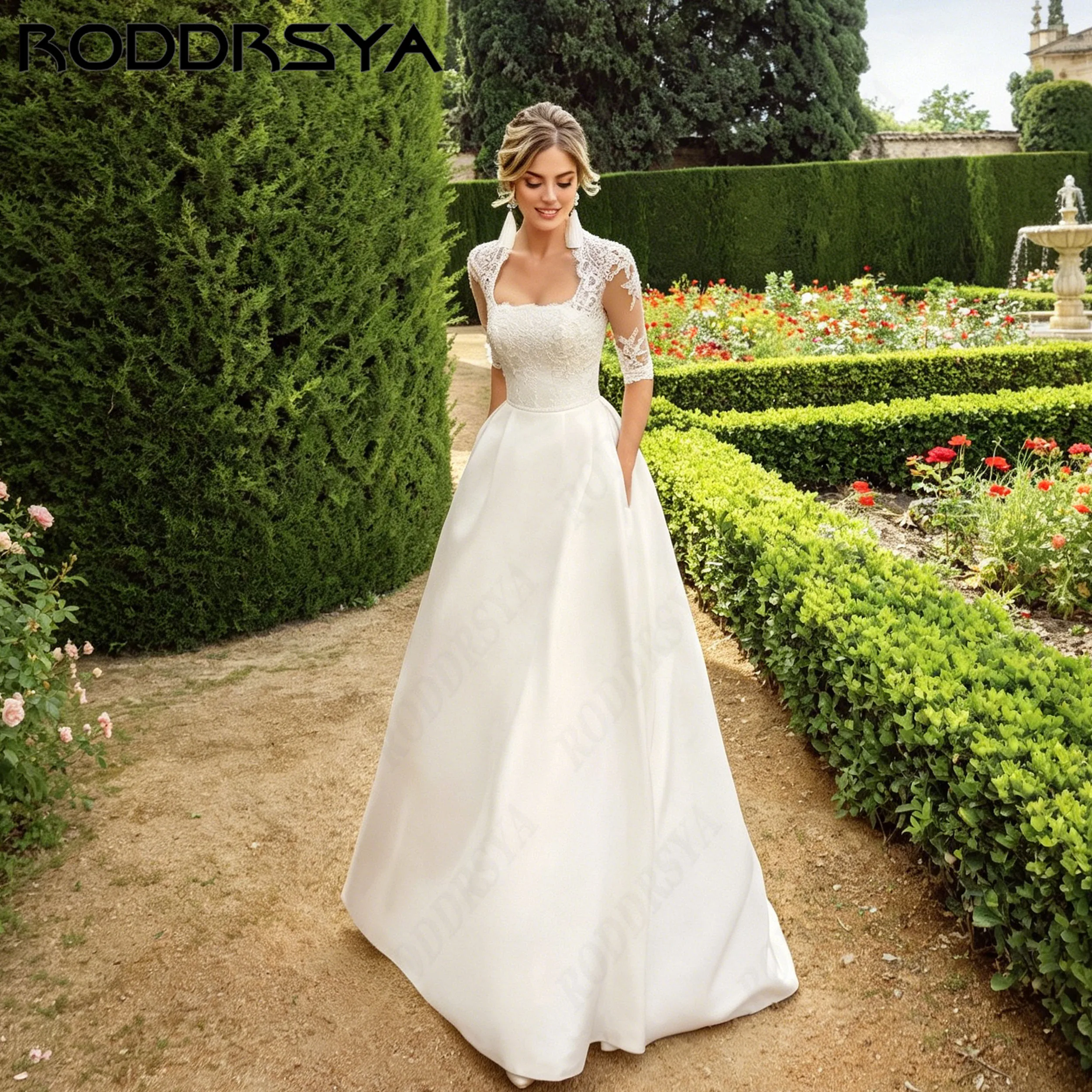 RODDRSYA Illusion Back Satin Wedding Dress Bridal Appliques Half Sleeve A-Line Gown Scoop Neck vestidos de novia Personalized