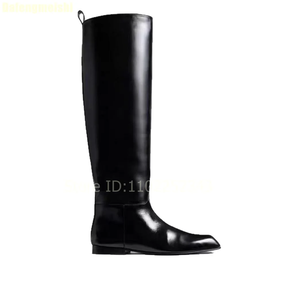 Black Leather Knee High Boots Women Fashion Square Toe Flat Heel Knight Boots Comfortable Slip-On Casual Footwear Plus Size35-43 image 6