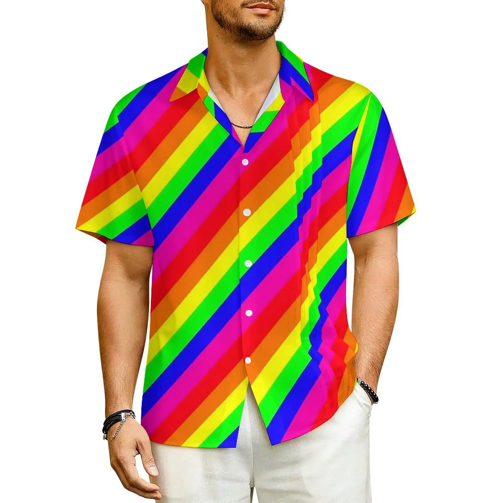 

Rainbow Striped Casual Shirt Colorful Lines Print Vintage Hawaii Shirts Man Short-Sleeve Vacation Streetwear Oversized Blouses