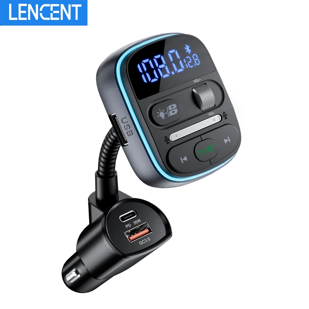 LENCENT Bluetooth 5.0 FM Transmitter Car Adapter with PD 30W & QC3.0 Fast Charger Hi-Fi Music Clear Calling Adapter Car K