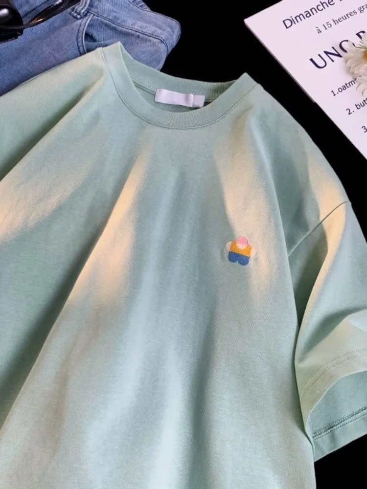 

Мужская футболка с мультяшной вышивкой, летняя, повседневная, свободного кроя, парная, с коротким рукавом, дышащая, модная, с круглым вырезом