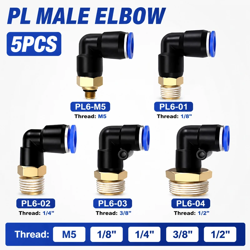 5PCS PL Series Straight Pneumatic Fittings 6mm Hose to M5 1/8 1/4 3/8 1/2 Thread Air Pipe Quick Connectors for Compressor System