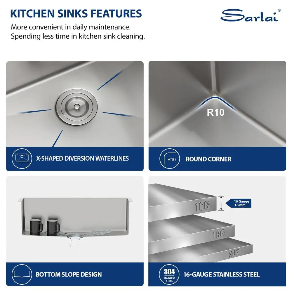 Évier de cuisine sous plan en acier inoxydable brossé de 27 pouces, bol simple avec drainage rapide, grands articles et fonctionnement silencieux inclus