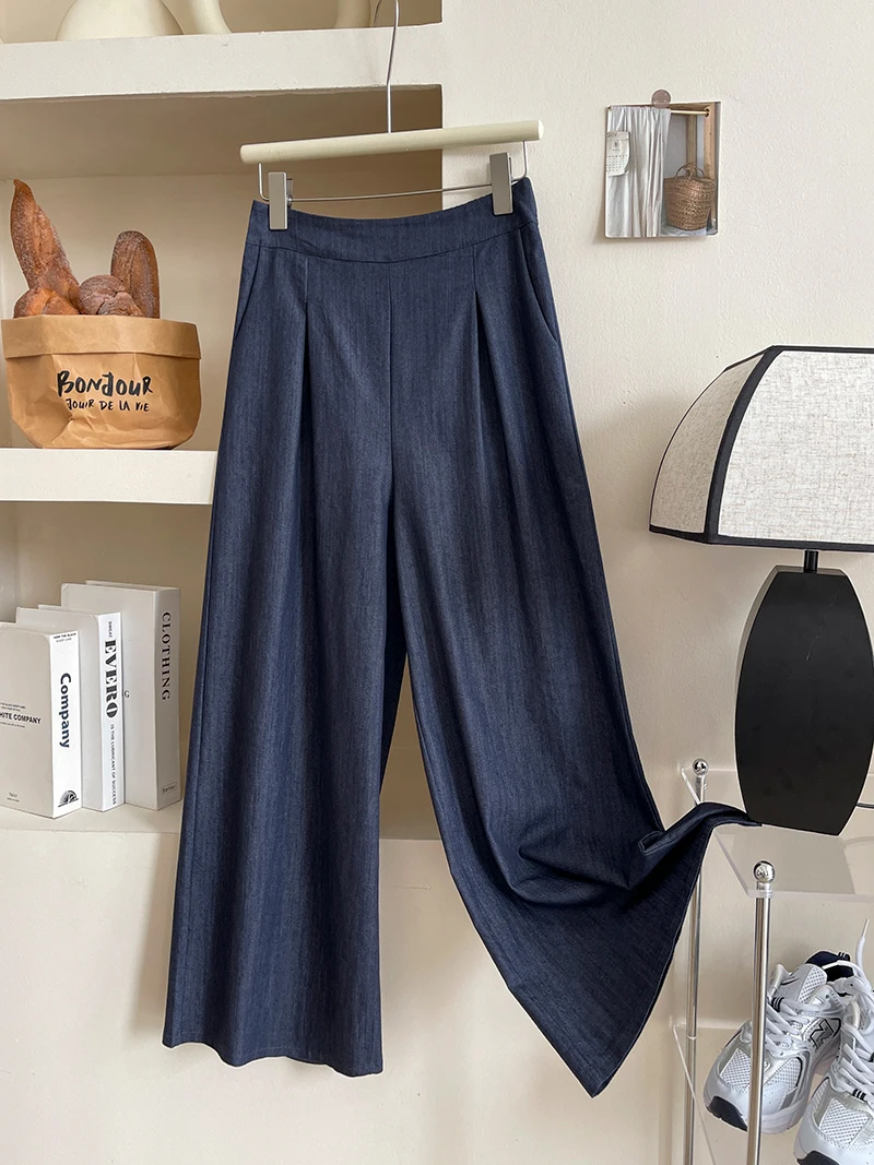 

Retro Ice Silk Washed Cotton Soft Denim Wide Leg Pants Women's Summer 2024 New Elastic High Waisted Loose Straight Casual Pants