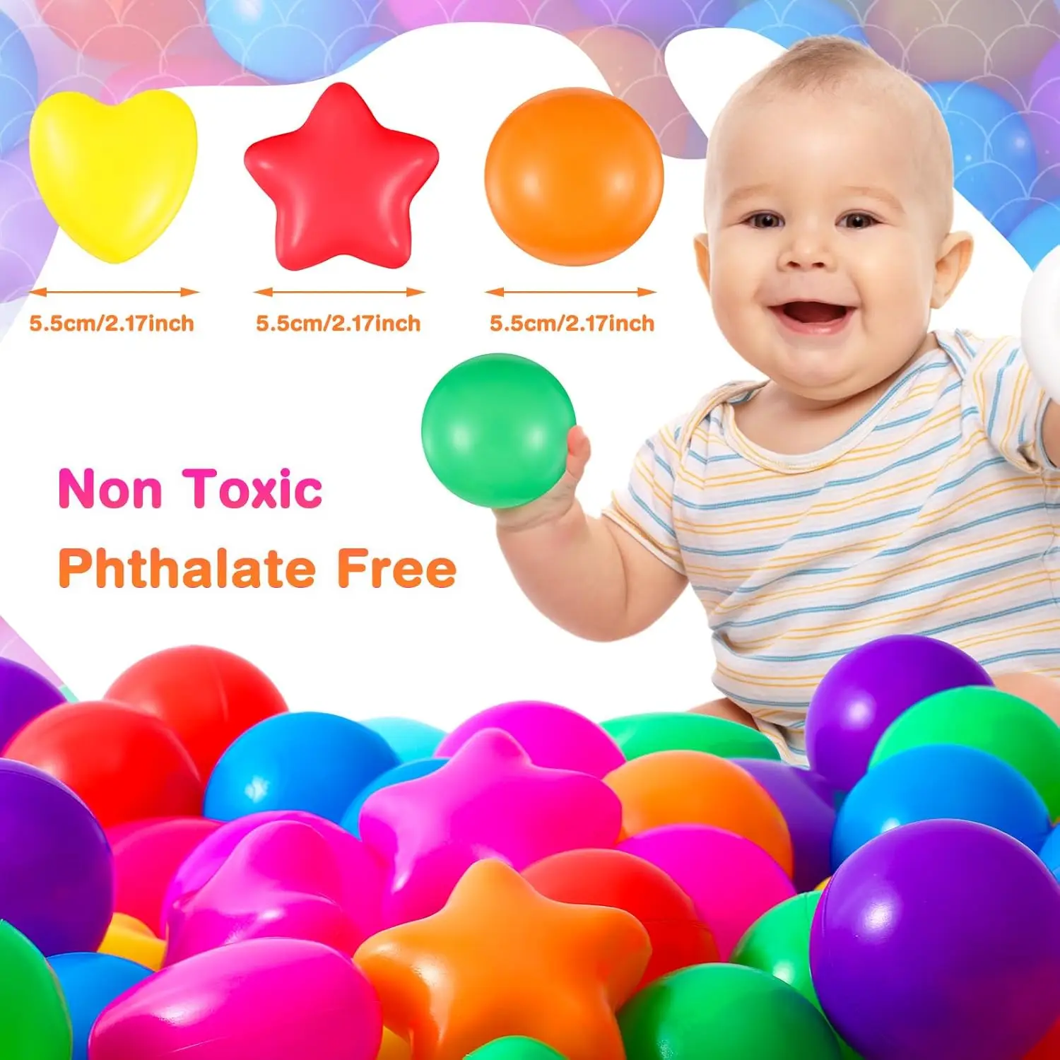100 piezas de bolas para niños, bolas de plástico con forma de corazón y estrella para parque infantil, juguete de juego de 2,17 pulgadas para piscina inflable de túnel para gatear Bi