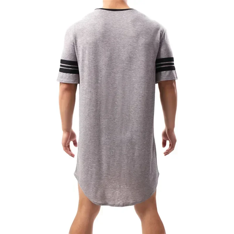 Men Patchwork Color Nightshirt Sleep Tops Short Sleeve V-neck Soft Loose Nightwear Male Casual Homewear Summer Hombre Nightdress