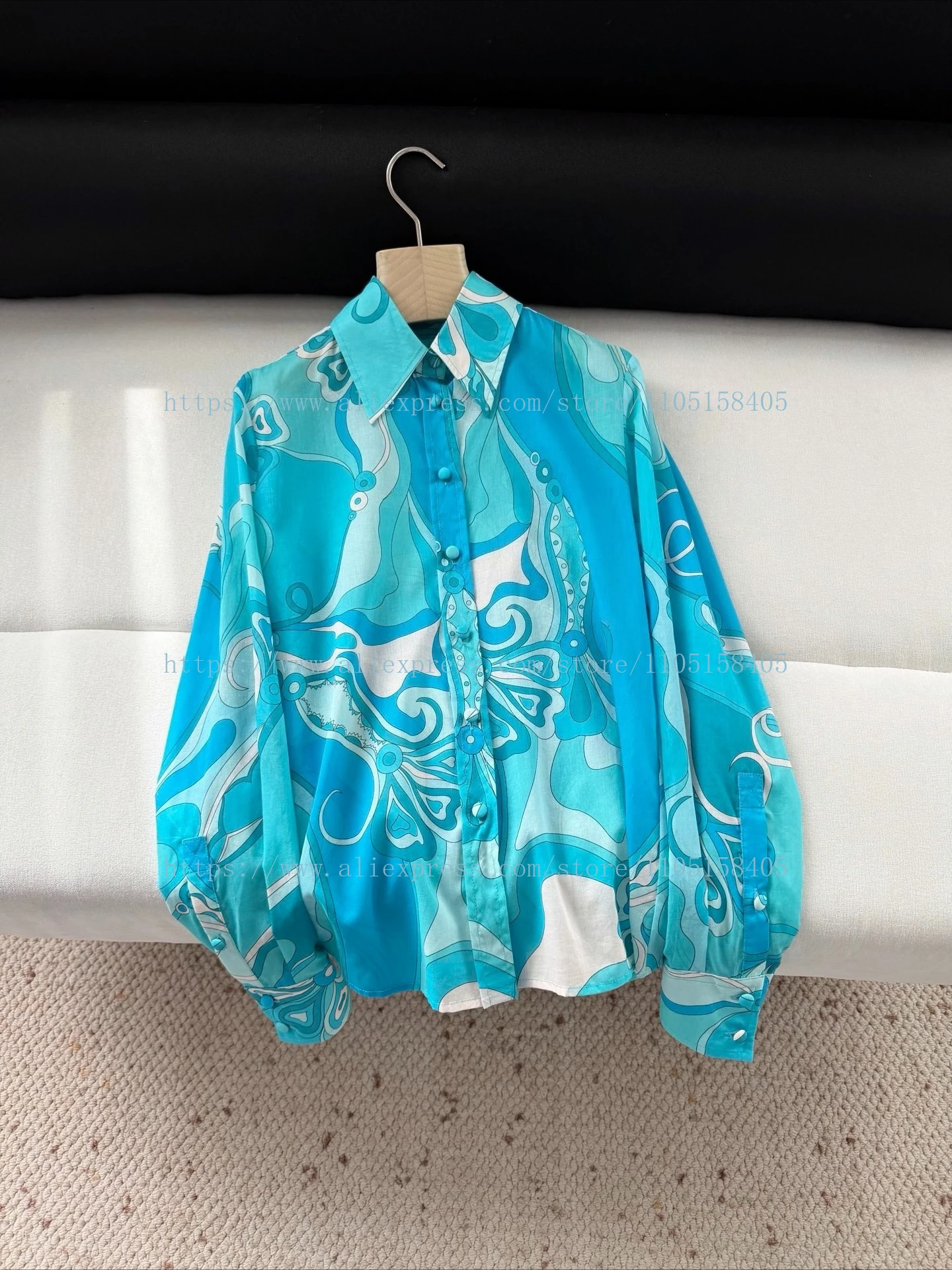 

2026 Elegant Blue Psychedelic Vortex Print Long Sleeve Blouse Top Woman Summer