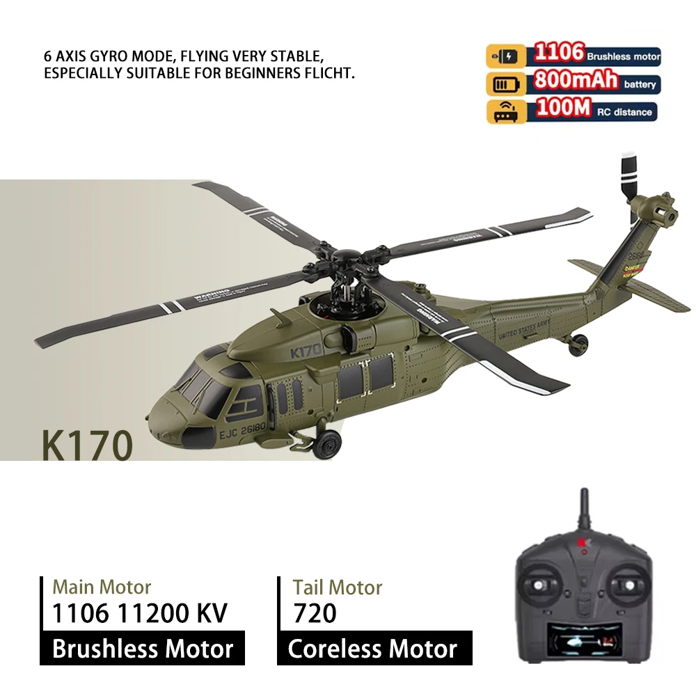 

Радиоуправляемый вертолет WLtoys K170 с гироскопом UH-60L, 4-канальный бесщеточный пульт дистанционного управления со светодиодной подсветкой, игрушки-самолеты для детей