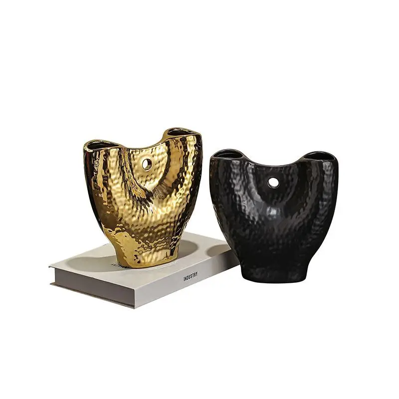 Electroplated Gold Ceramic Vase U-Shaped Double-Opening Flower Container for Room Dining Table Floral Decoration Home Decor Gift