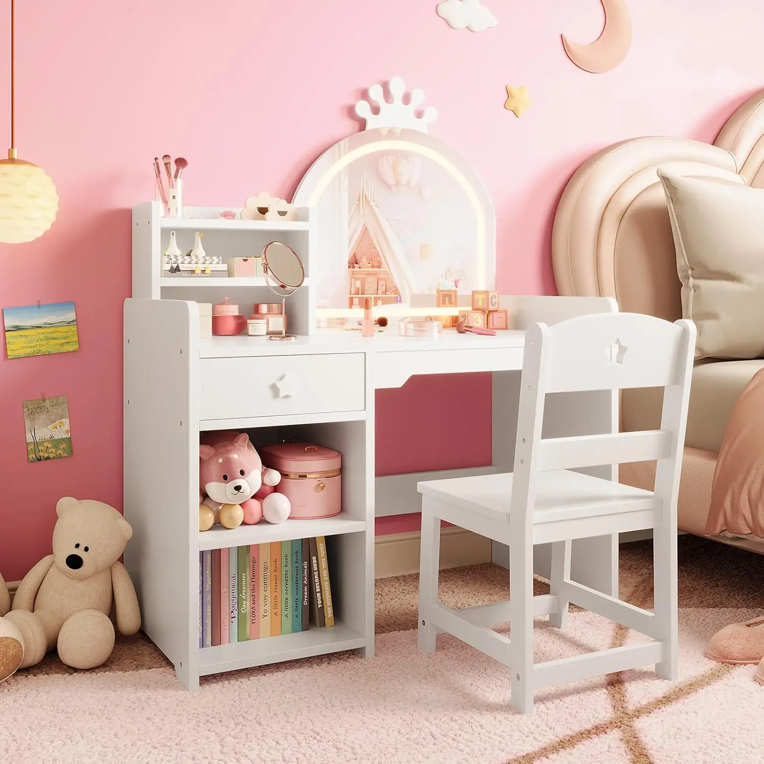 Kids Vanity Set with Lighted Mirror, 2-in-1 Princess Toddler Vanity Table & Chair Set with Open Bookshelf, Storage Cabinet & Shelves, for Little Girls