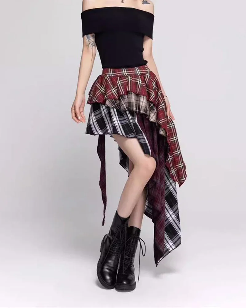 

Женская одежда 2021, летние юбки трапециевидной формы Y2k, винтажная асимметричная юбка с высокой талией и нестандартным дизайном, облегающая юбка в клетку