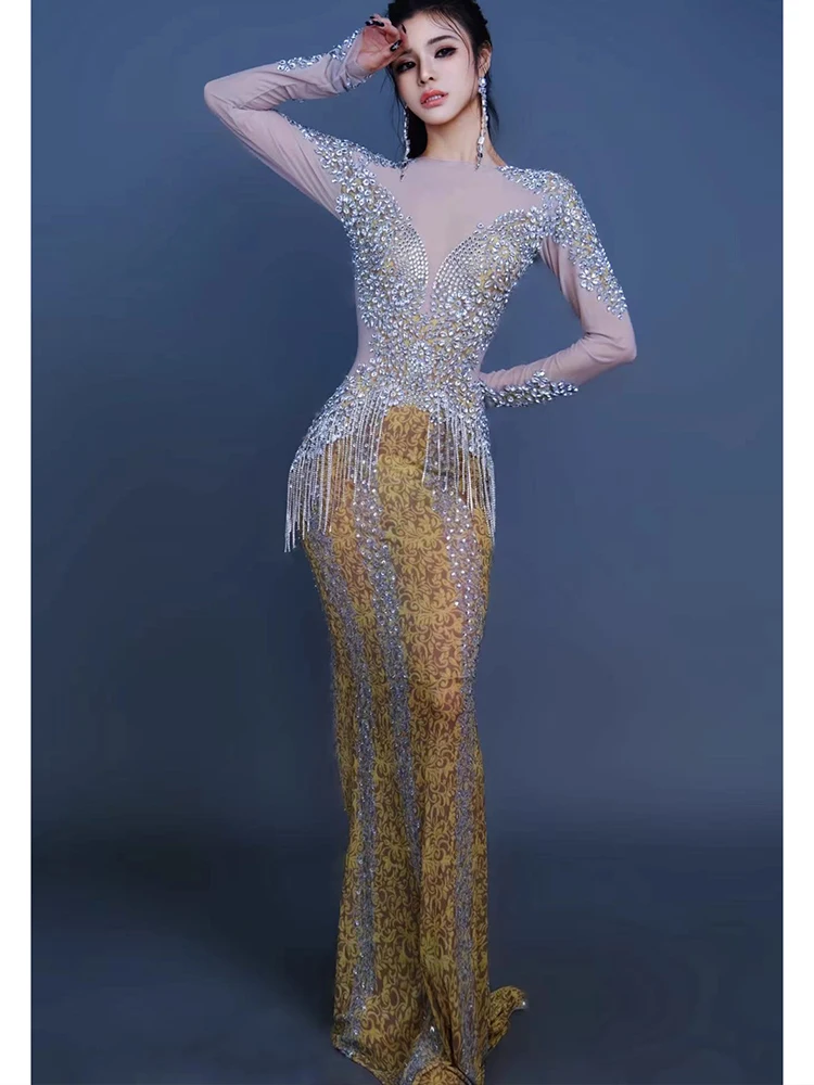 High Quality Rhinestone Elastic Color Blocked Printed Dress 2025 New Fashion Custom Women'S Clothing