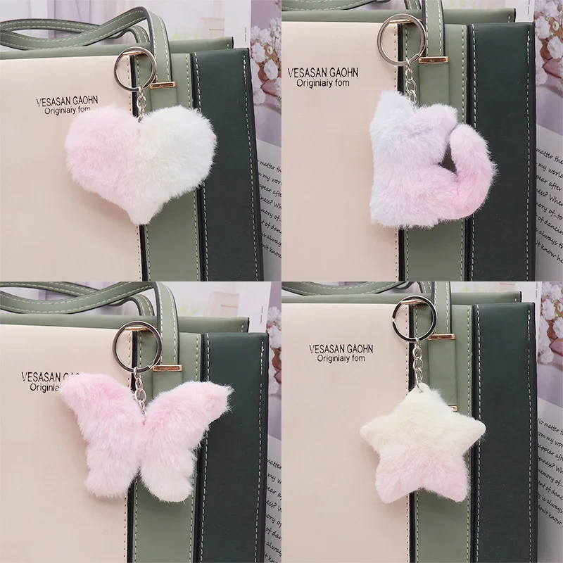 Trendy Butterfly Cat Charm Car Bag Decoration Keyring Fashion Five Pointed Star Love Plush Pendant Keychain Jewelry for Women