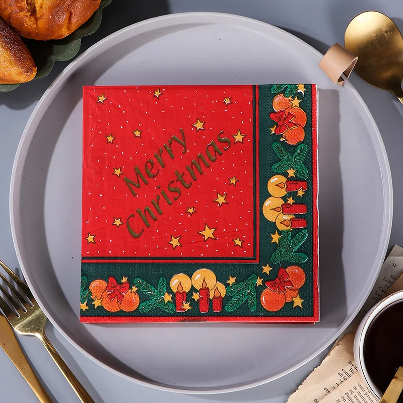 20pcs 33cm 2-Ply Christmas Printed Napkins Red Green Kitchen Table Decoration Square Napkins Cocktail Napkins