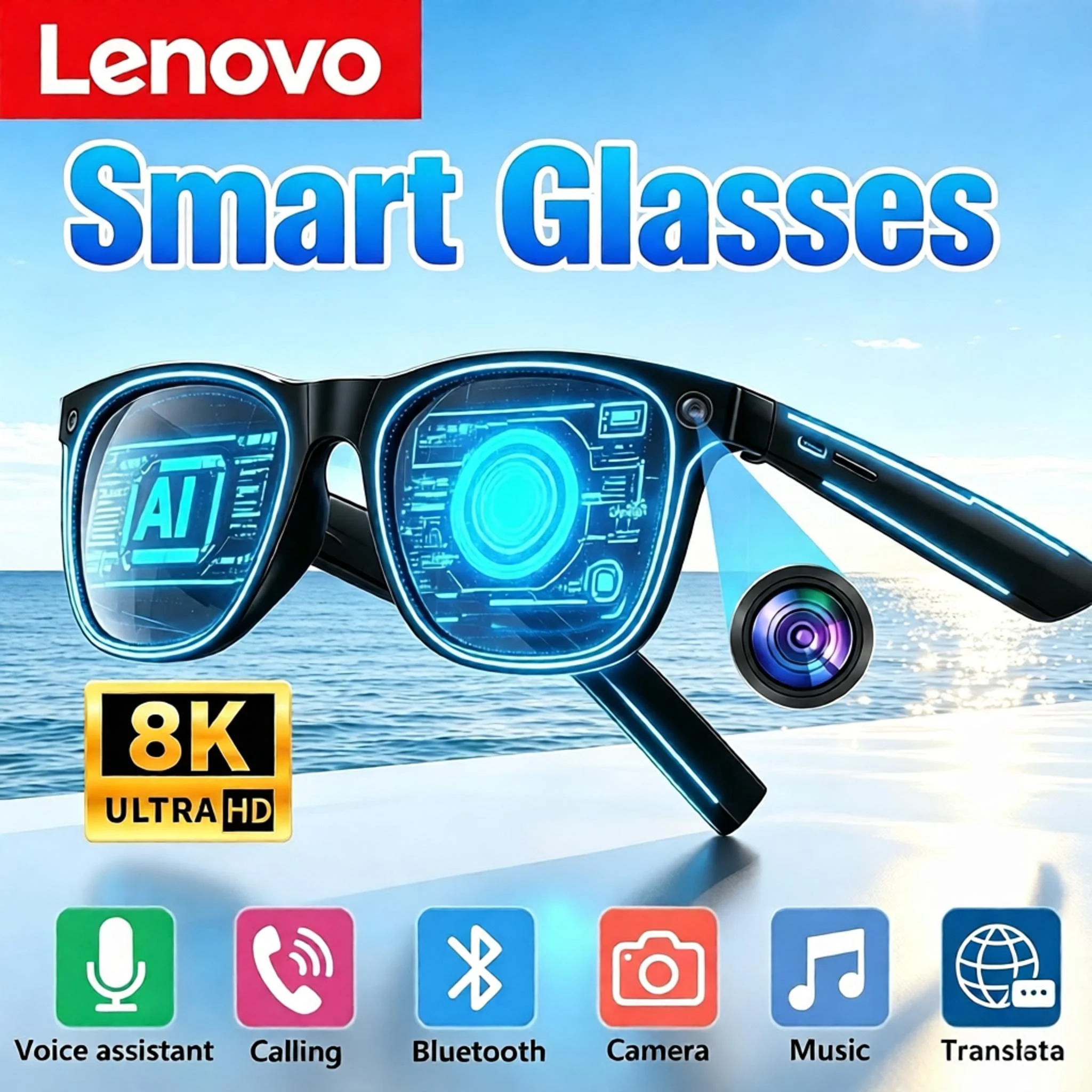 Lenovo AI Remote Control Touch Smart Glasses 8K HD Photo Camera Recording Translator Voice Assistant Music Bluetooth Sunglasses