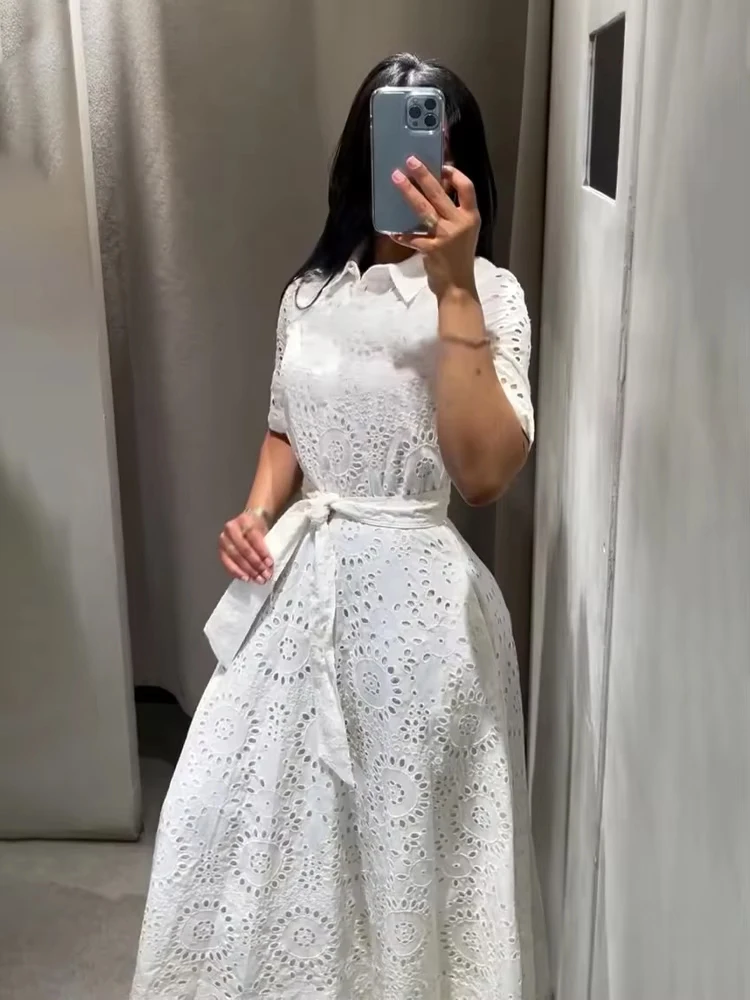 

HH Women Fashion Summer White Single-Breasted Turn Down Collar Short Sleeve Long Dress Women's Bow Lace-Up Hollow Out Dress