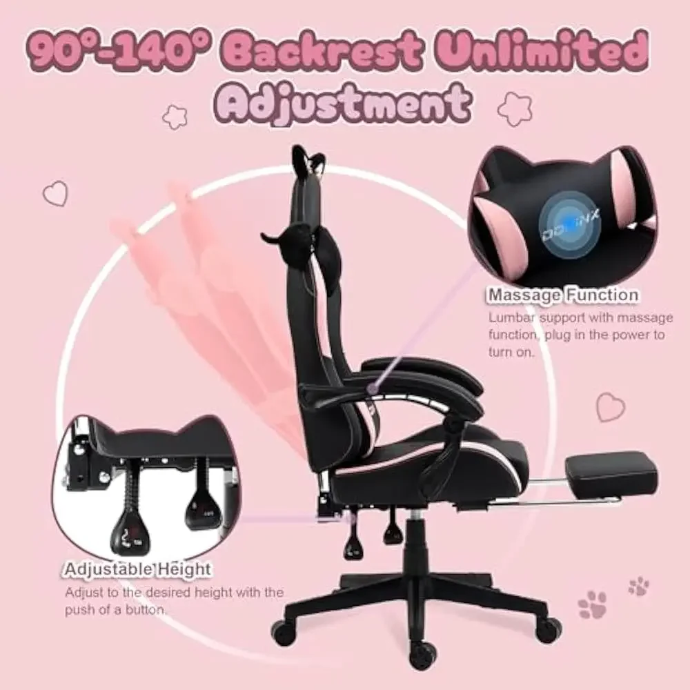 Silla para juegos bonita con orejas de gato y soporte lumbar para masaje, 290 libras, silla ergonómica para ordenador para niña con reposapiés y reposacabezas