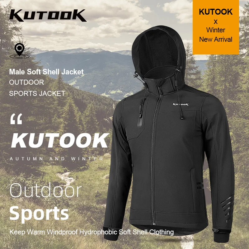 KUTOOK Men's Hiking Jacket Fleece Softshell with Hooded Windbreaker Reflective Outdoor Jackets Clothing for Man Climbing Hiking