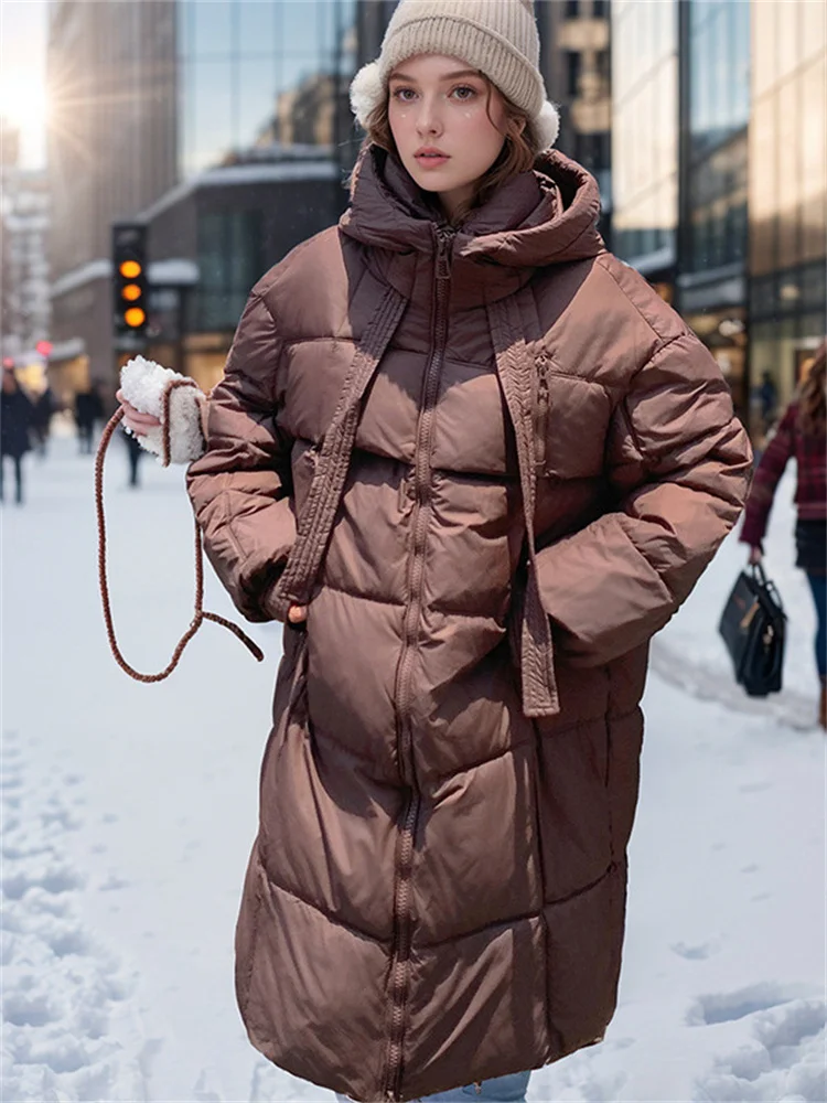 Winter 2024 Women\'s Jacket With Puffer Padded Jacket Stylish Midi Length Long-Sleeved Hooded Solid Color Thermal Coat