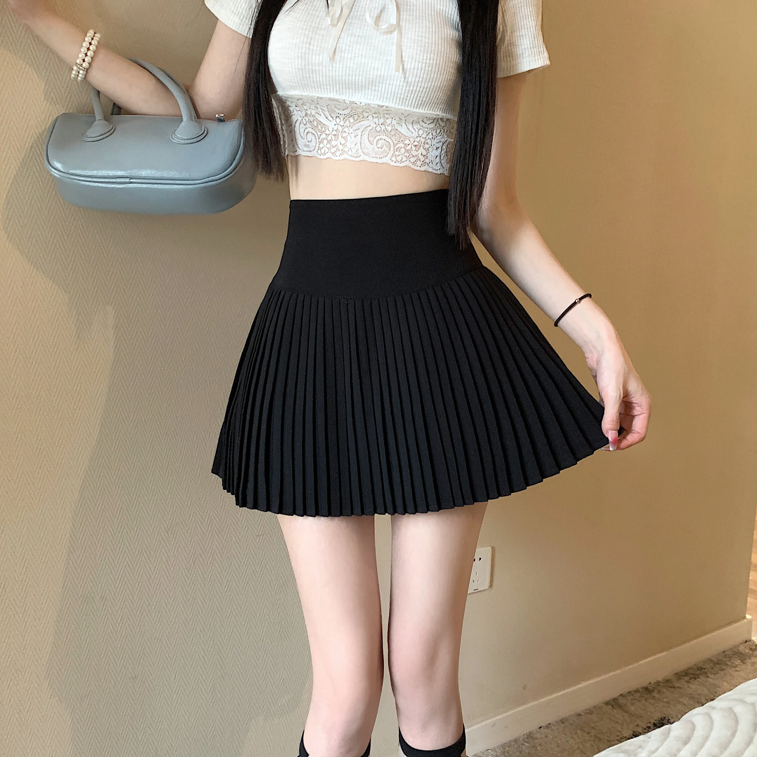 Summer hot girl white pleated anti glare high waisted women's A-line short skirt
