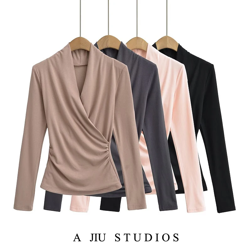 

Street Sle Long Sve V-Ne T-irt Women's Slim Fit Cross Pure Color Top for Spring Autumn Inner Wear Base irt