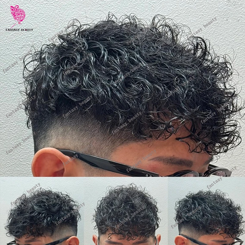 

Mens 26mm Natural Curly Human Hair Toupee Hair Replacement Capillar Prosthesis 100% Human Hair Durable Skin Base Poly Black Hair