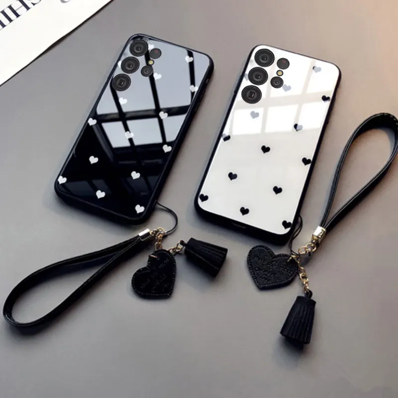 Tempered Glass Love Heart Phone Case for Samsung S24 Ultra S23 Plus S22 S21 S20 FE S9 S8 Note 10 20 Hard Back Cover Lanyard