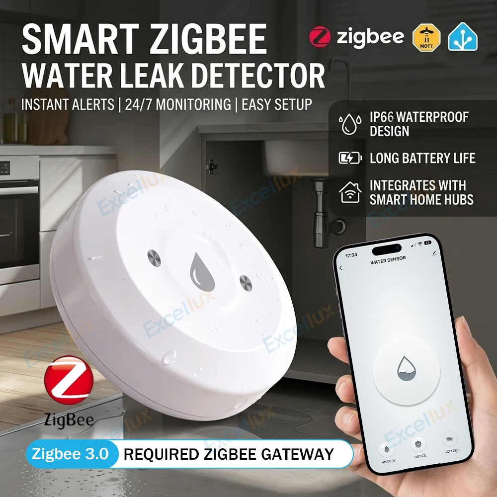 Zigbee 3.0 Water Leak Sensor Flood Leakage Detector Linkage Alarm Sensor for Kitchen/Bathroom via Zigbee2MQTT Z2M Home Assistant