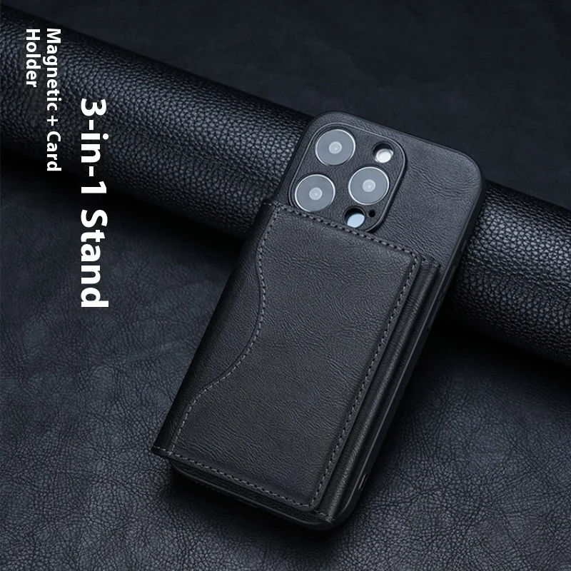 

Магнитная кожаная сумка-кошелек для iPhone 17 16 15 Pro Max, держатель для карт, чехол для телефона, защитный чехол, тройные сумки с магнитным держателем для карт