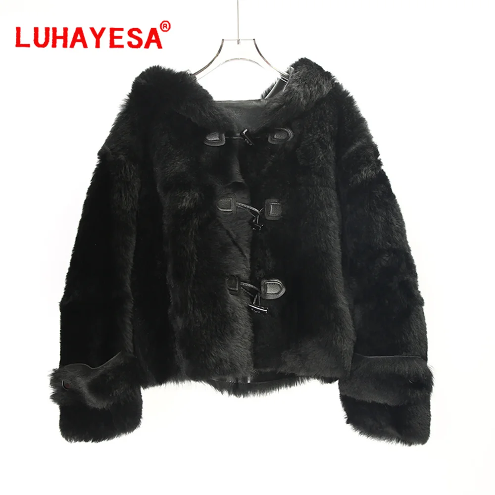 2024 bazar casaco de pele de cordeiro shearling feminino inverno luhayesa engrossar com capuz casaco de pele genuína