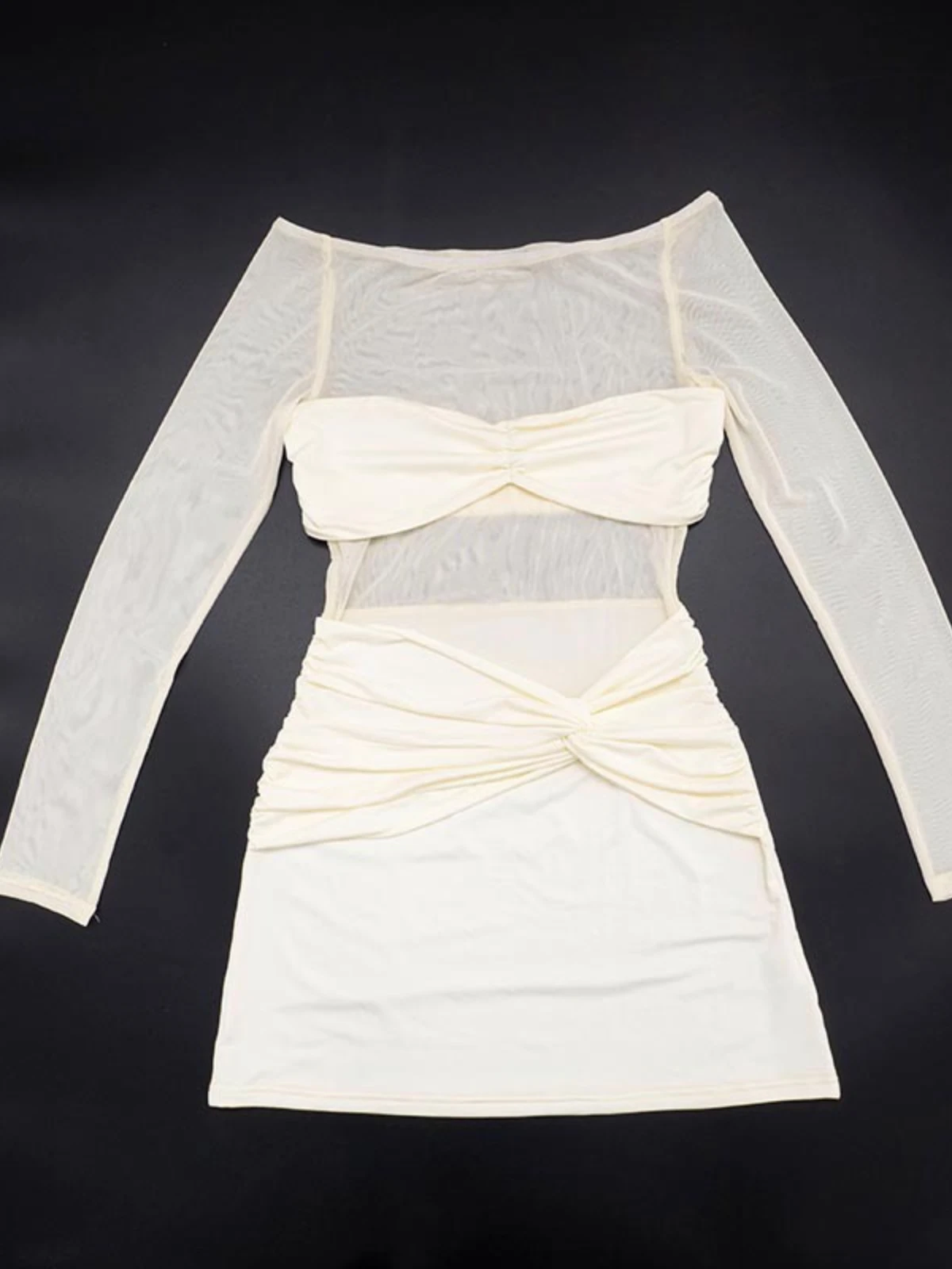 SsTss Mini abito aderente sexy in rete trasparente patchwork Donna Nuovo scollo a barchetta con spalle scoperte Manica lunga Twist Slim Abito corto da festa