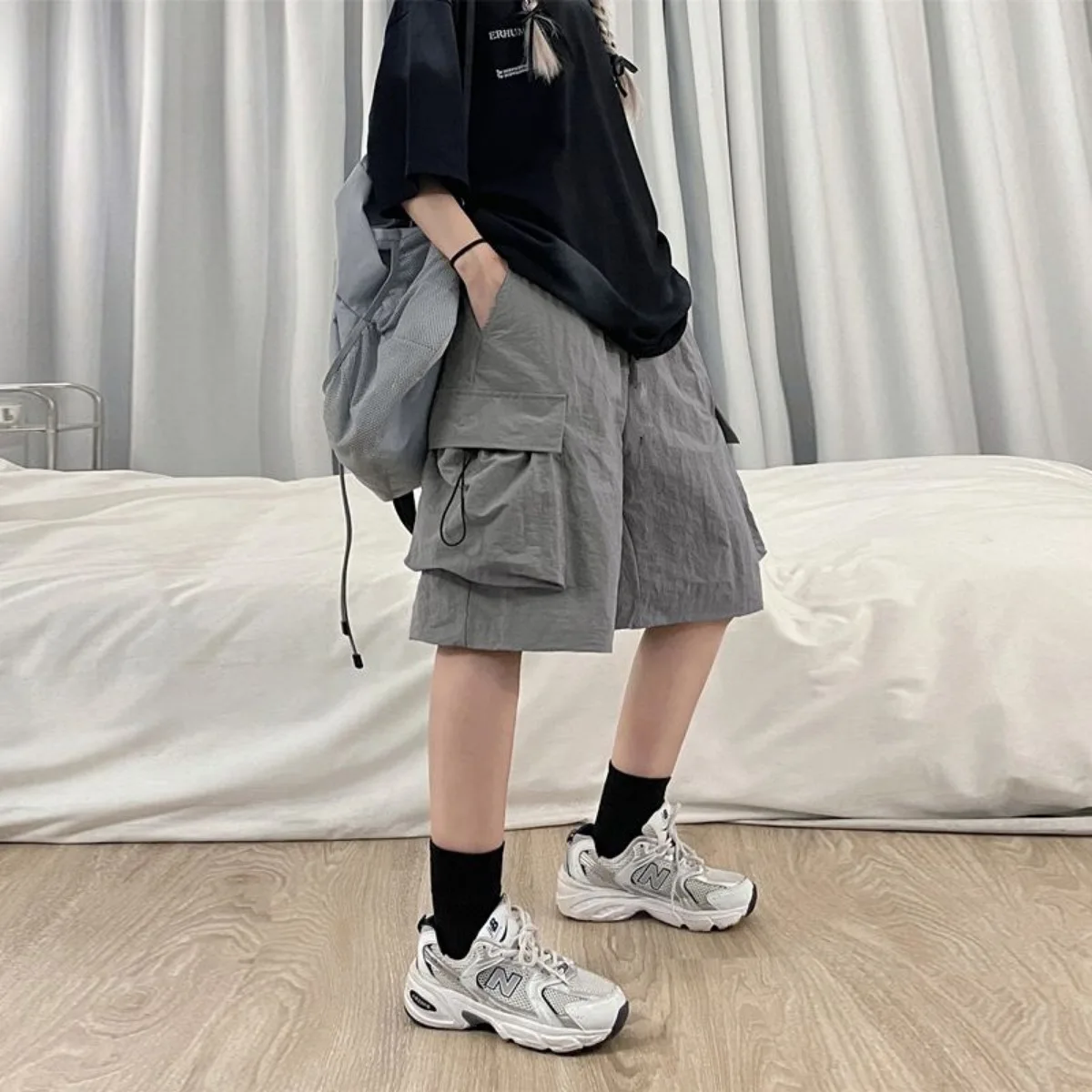 Women High Waist Cargo Shorts American Style Streetwear Summer Wide Leg Pants Fashion Female Big Pocket Loose Shorts - Image 2