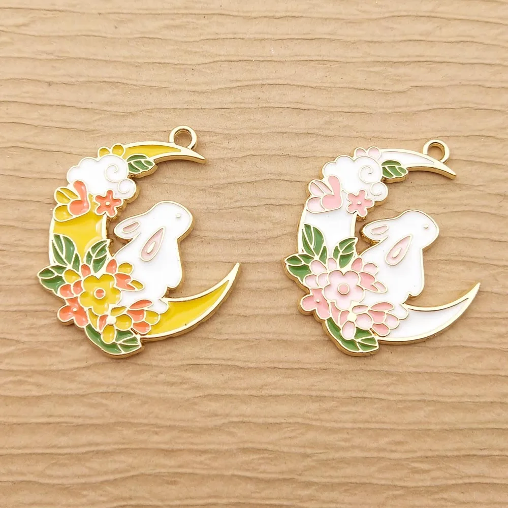 10pcs Moon Rabbit Charm for Jewelry Making Enamel Pendant Diy Accessories Zinc Alloy Gold Plated