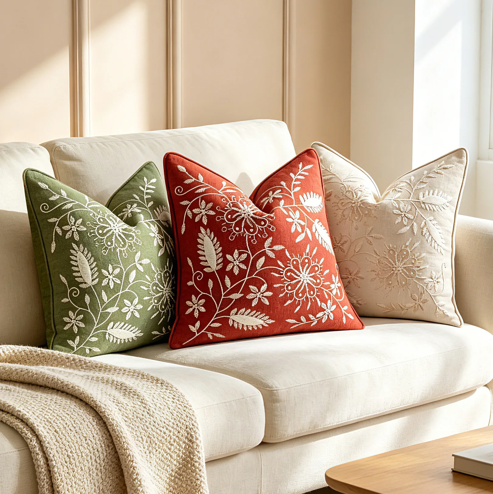 Luxury Floral Embroidered Chenille Craft Cushion Cover 45x45 Nordic Rustic Style Green Red Square Throw Pillow Cover Decor Home