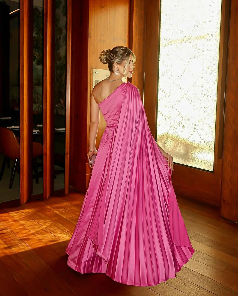 Msikoods Luxury Evening Dress Fold Ruched One Shoulder Prom Dress Cape Sleeves Formal Dress Fuchisa Women Party Night Dress