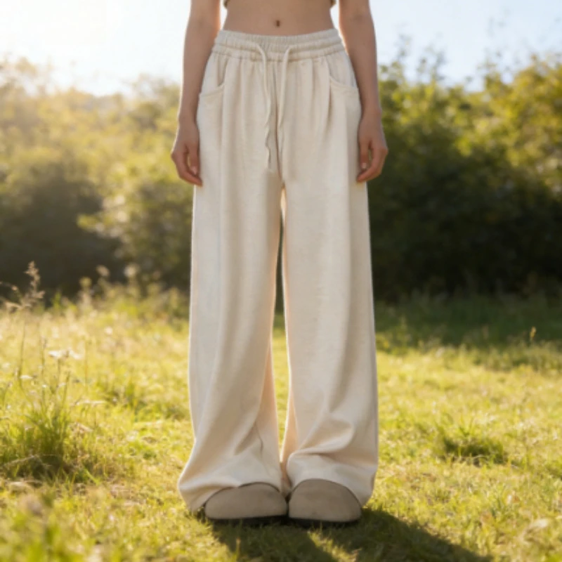 Plus Size Women's Korean Style White Sticky Rice Wide Leg Pants Autumn Retro High Waist Drape Slim Casual Straight Knit Pants