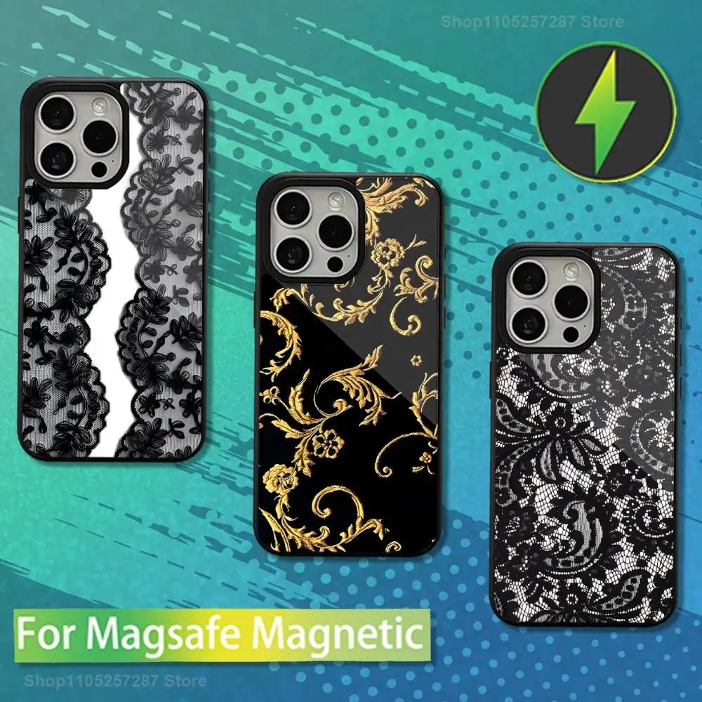 

New Black lace Print Art For iPhone 16,14,13,15,11,12,17,Plus,Mini, Pro,For Magsafe,Max,Magnetic Wireless Charging Case