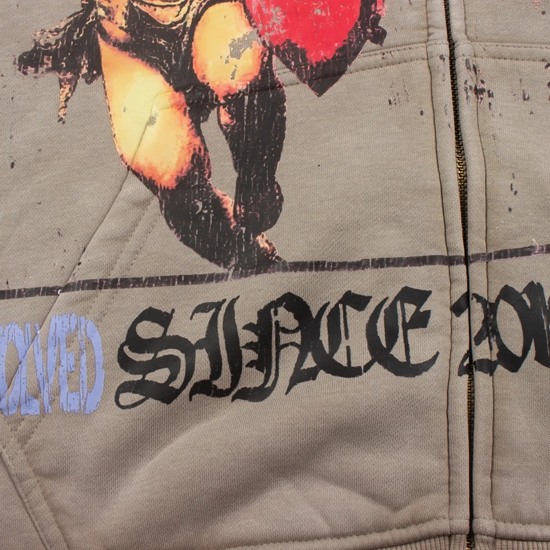 Graphic Zip Up Hoodie Men Vintage Washed Cupid Angel Print Rhinestone Oversized Fleece Hooded Sweatshirt Y2k Streetwear Jacket