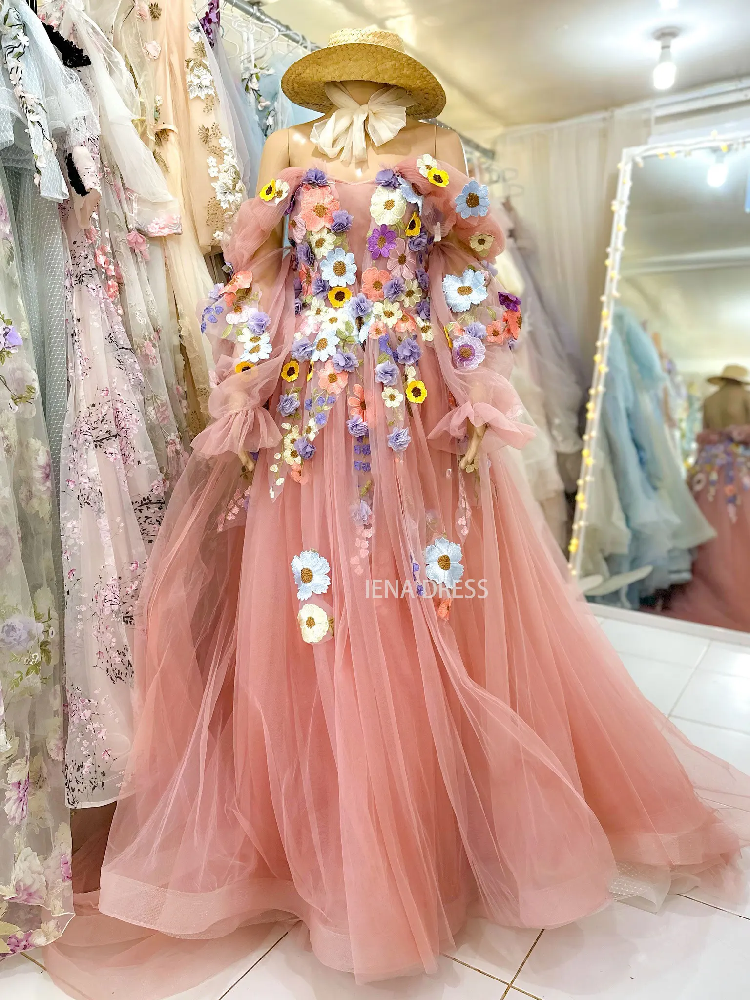 Vestido de fotografía de flores bordado rosa bonito personalizado con tren largo con cuello en V Puff A-line vestido de noche de boda vestido de cumpleaños