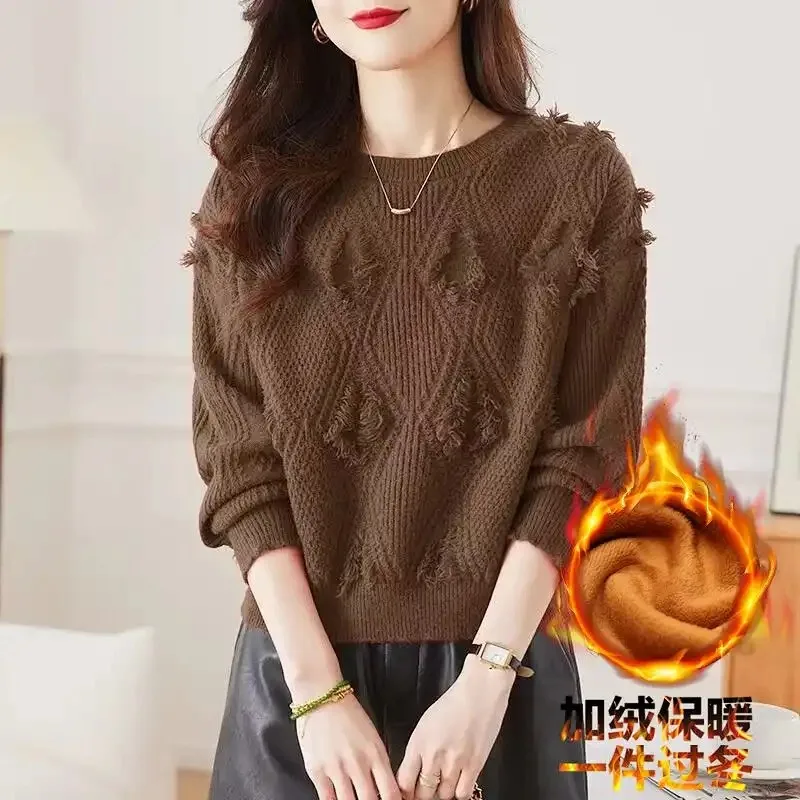 Einfarbiger Rundhalspullover mit Quasten, Herbst- und Winterpullover im Laternenstil, lockeres Oberteil