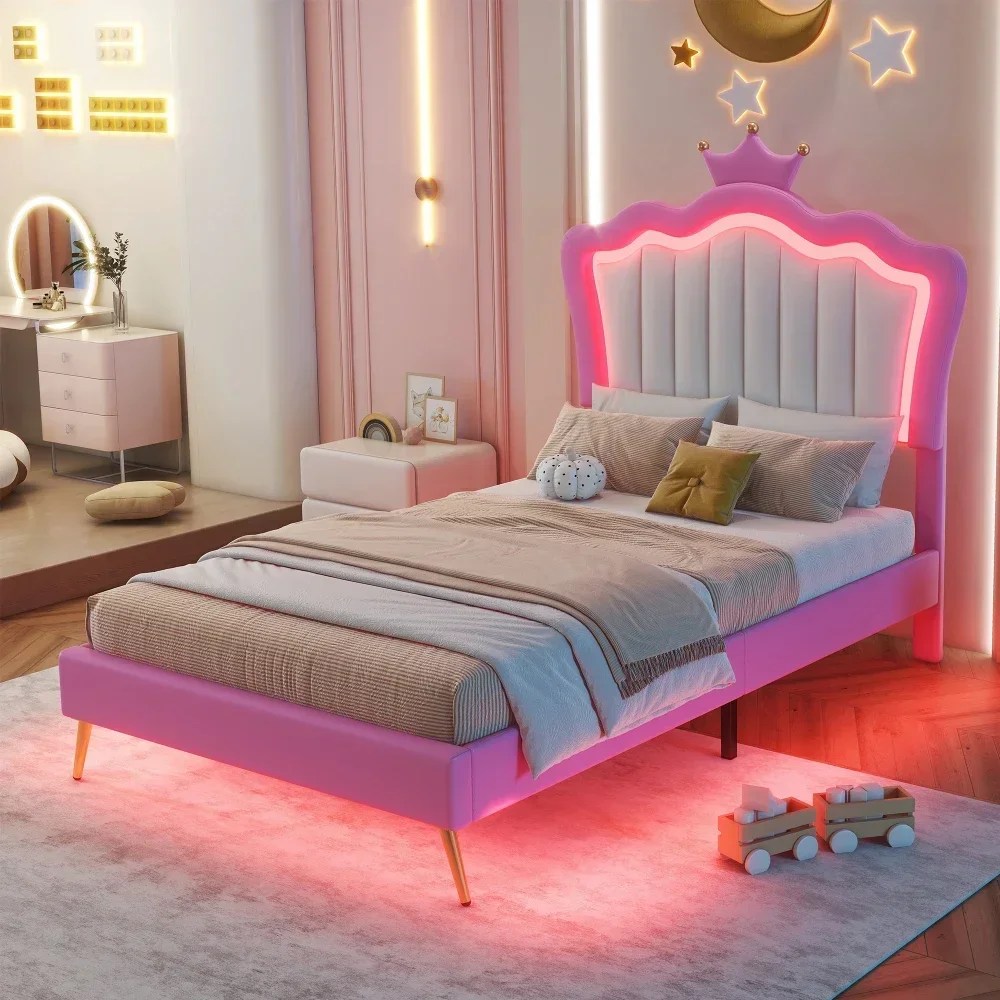 

Twin Size Upholstered Bed Frame LED Lights,Princess Bed with Crown,Pink Beds for Girls From 6 To 12 Years Princesses Wooden Beds