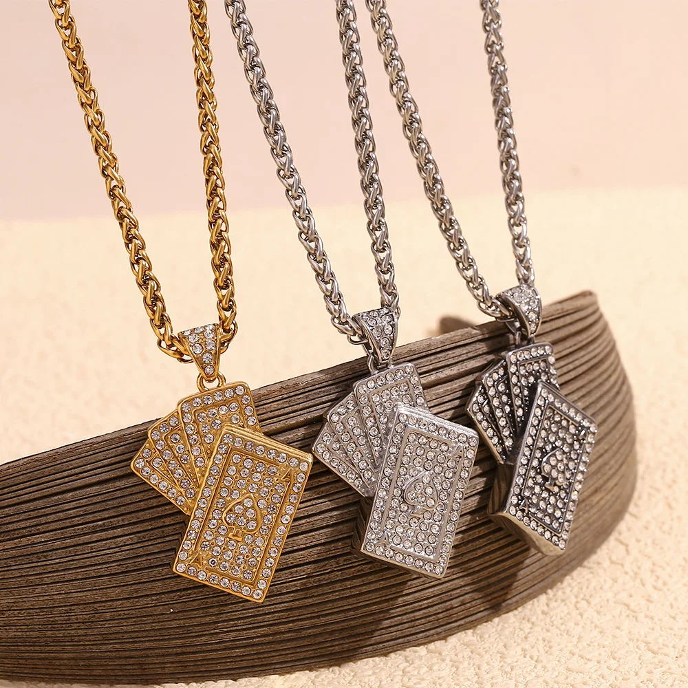 Stainless Steel Inlaid Zircon Square Plaque Pendant Necklace for Men Fashion Collar Jewelry Charm Waterproof