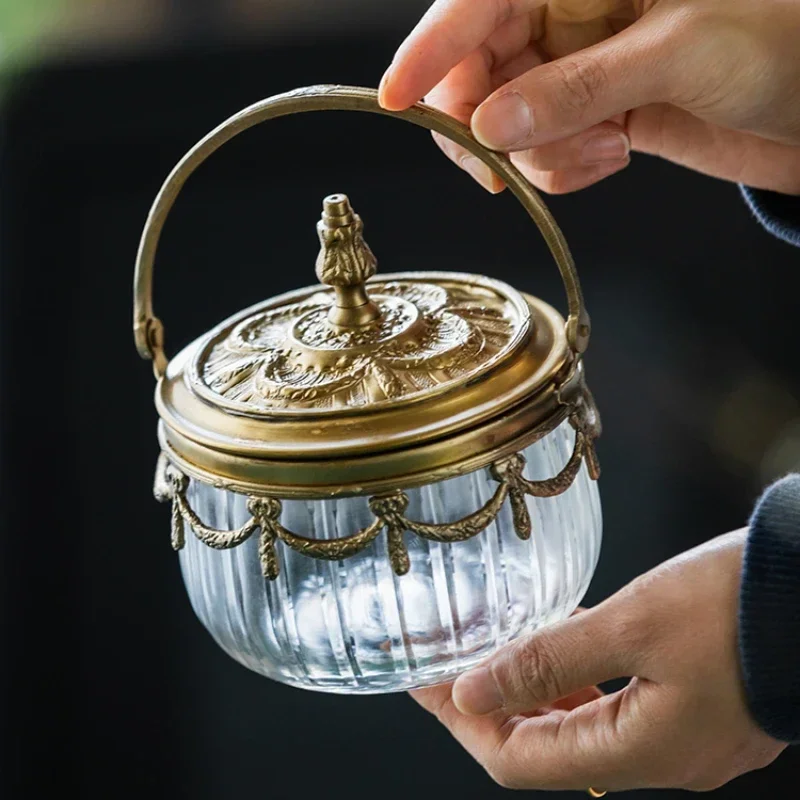 

Light Luxury Vintage Storage Can Snacks and Dried Fruit Storage Can Brass Tea with Handle Decoration Storage Jar