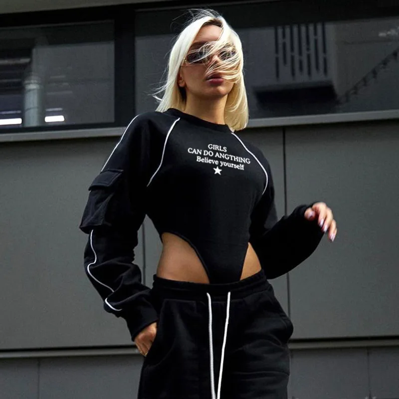 black hoodies jumpsuit women long sleeve round neck letters high waist hip hop grunge streetwear bodysuit one piece rompers