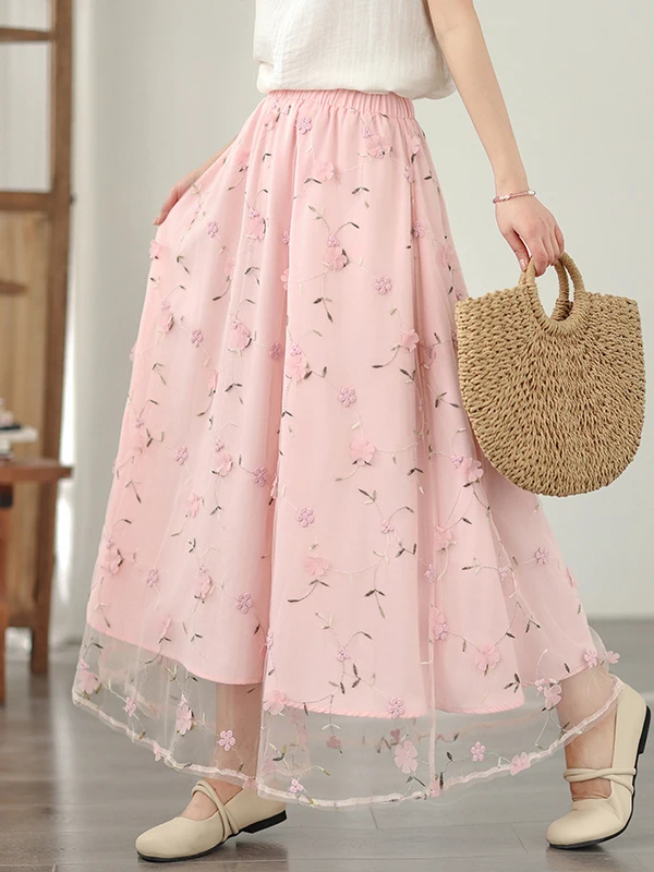 

Юбка А-силуэта с 3D цветочной вышивкой в художественном стиле, летняя новинка, женская модная, без этикетки, из полиэфирного волокна