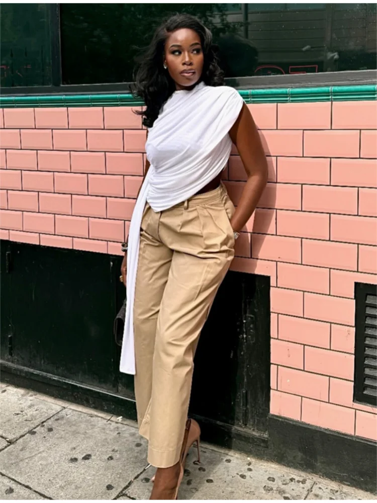 

White Women Wrinkle Sleeveless Solid Short Top Slanted Collar Ruffles Layer With Ribbon Blouse 2026 Lady Fashion Wear
